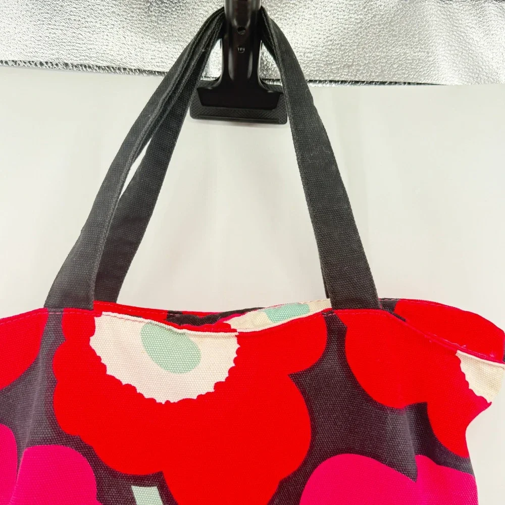 Marimekko Unikko Floral Tote Bag Womens Red Pink Canvas Zipper Shoulder Bag